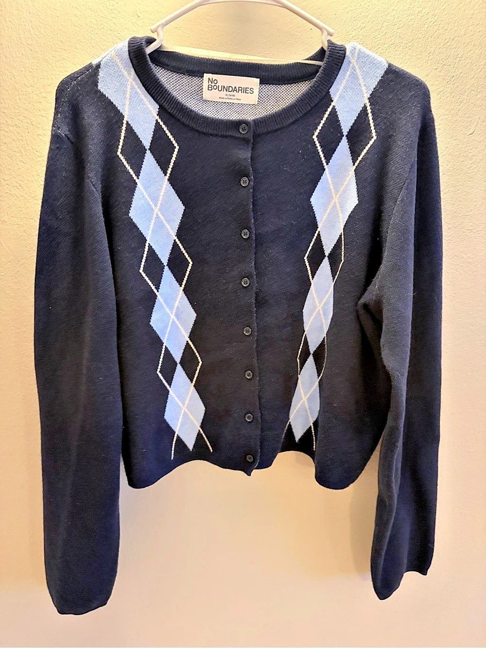 No Boundaries Argyle Cardigan in Navy & Blue Size XL (16-18) NWOT